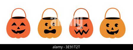 Satz von niedlichen Jack O' Laterne Süßigkeiten Eimer flache Vektor-Stock Illustration. Halloween Kürbiseimer. Stock Vektor