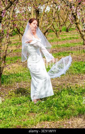 Braut posiert mit Schleier im blühenden Obstgarten Stockfoto