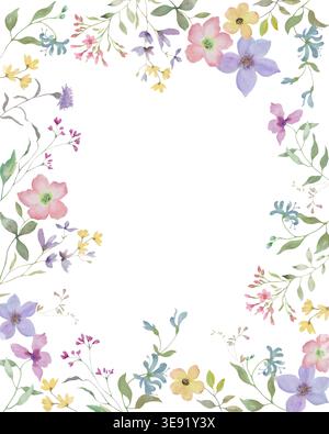 Quadratischer Rahmen mit Wildblumen in Aquarellfarben, handgemalte botanische Grenze mit bunten Wiesenblüten. Vektorillustration isoliert auf weißem baсkground. Stock Vektor