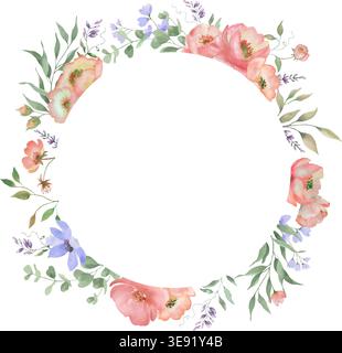 Aquarellpfirsichfloraler Kranzrahmen, handgemalte botanische runde Borte mit Lavendel und Grün. Vektorillustration isoliert auf weißem Hintergrund Stock Vektor