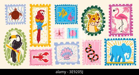 Vintage Sommer handgezeichnete Briefmarken mit tropischen Strandelementen, Postkartenrahmen, Vektoraufkleber Illustrationen. Exotische Urlaubsmotive mit Flamingo, Retro-Reisemotiven und Küstendrucken. Stock Vektor