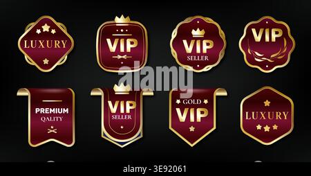 Premium-Rotgold-Bandetiketten, Luxusembleme, realistische Vektorsymbole isoliert auf schwarzem Hintergrund. Elegante goldene Banner, Etiketten für VIP-Auszeichnungen, Zertifikate, exklusive Werbeaktionen, Siegelabzeichen-Rahmen Stock Vektor