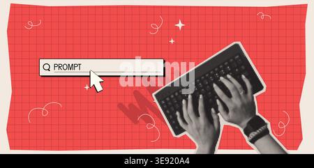 KI-Tech-Collage-Poster mit Halbtonstruktur, Computertastatur, Tippzeiger und Prompt-Rahmenleiste, abstrakter Vektorhintergrund. Retro-Kunstdesign, künstliche Intelligenz, modernes Konzept Stock Vektor