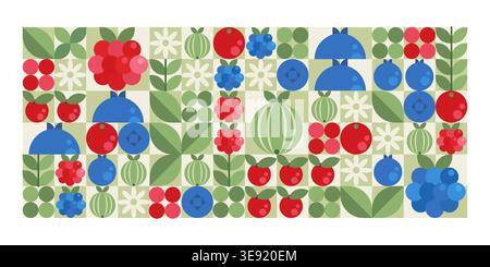 Geometrisches Beerenmuster mit blauen und roten Beeren im minimalistischen flachen Stil. Abstrakte Vektorfruchtsymbole für nahtlose Hintergründe, Verpackungsdesign oder moderne dekorative Elemente. Stock Vektor