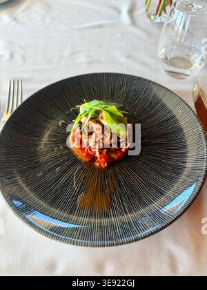 Gourmet-Tatar mit Meeresfrüchten mit Oktopus und Tomaten Stockfoto