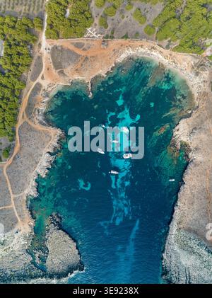 Aus der Vogelperspektive auf eine türkisfarbene Bucht mit ankerbaren Booten entlang der zerklüfteten felsigen Küste und üppigen Kiefernwäldern in Favignana, Sizilien, Italien. Stockfoto