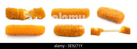 Leckere, frittierte Käsestäbchen isoliert auf weiß, Set Stockfoto
