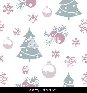 Nahtloses Weihnachtsmuster mit Weihnachtsbäumen, weihnachtskugeln und Schneeflocken in durchgehendem Design Stock Vektor