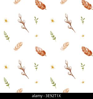 Nahtloses Muster mit Federn, Zweigen, Blumen und Blättern auf dem Hintergrund. Aquarellabbildung. Stockfoto