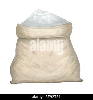 Mehlsack Hand gezeichnete Aquarellillustration isoliert auf weißem Hintergrund, Backzutat, Bäckerei-Konzept, Bio-Lebensmittel, Küchenelement, rustikal. Stockfoto