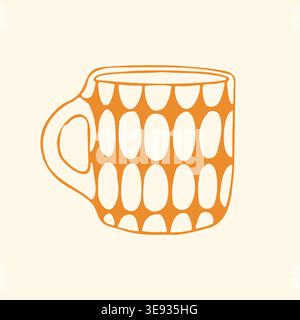Handgezeichnete Vektor-Illustration eines Vintage-Keramikbechers mit gelben und weißen geometrischen Mustern. Einfache Kritzelgrafik einer Retro-Kaffeetasse für Stock Vektor