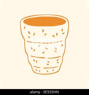 Hand gezeichnete Vektor-Illustration eines rustikalen handgemachten Töpferbechers mit rauer Textur, horizontalen gelben Streifen. Gemütliche Kritzelgrafik mit Keramikkaffee Stock Vektor