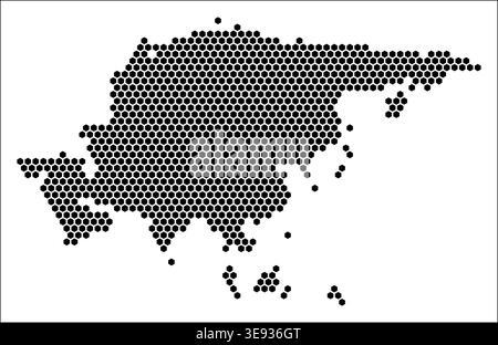 Asien-Sechseck-Karte. Einfache, gepunktete Schablone in Schwarz und weiß. Kontinent winzige Hexagonzellen. Flache Schablone für Asien mit Wabenmuster. Vektorabbildung. Stock Vektor