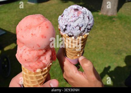 Zwei Hände halten Erdbeer- und Blaubeer-Eiskegel in der Sommersonne Stockfoto