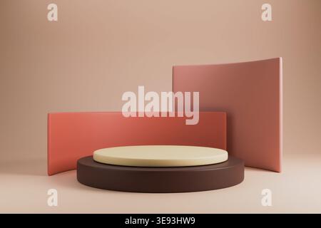 Minimalistische Podiumszene mit geometrischen Formen in Erdtönen Stockfoto