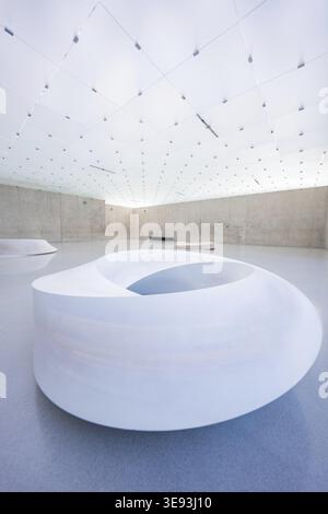 Weiße moderne Skulptur in einem großen, linearen Raum mit Betonwänden, Kunsthaus Bregenz, Vorarlberg, Österreich Stockfoto