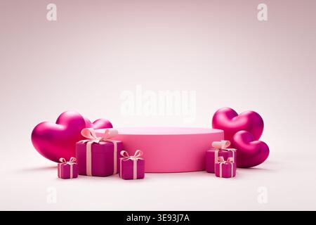 Leuchtend rosa Valentinstag mit Herzen und Boxen Stockfoto