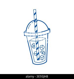 Cocktail Glas Vektor blaue Linie Kunst Doodle Sommer Getränk Symbol für Café Branding Stock Vektor