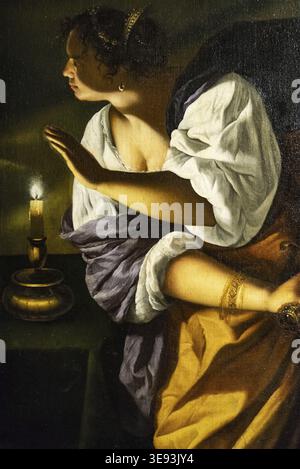 Judith und ihr Dienstmädchen von Artemisia Gentileschi, italienisches Barockbild, Öl auf Leinwand. Detail der Malerei. Gentileschi Stockfoto