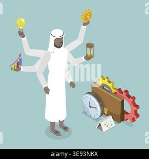 3D Isometrischer flacher Vektor konzeptuelle Illustration des Multitasking, muslimischer Geschäftsmann Stockfoto