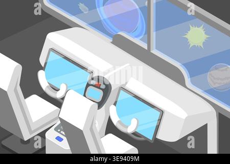 3D Isometrischer flacher Vektor konzeptionelle Illustration des Raumschiffes Kabine Innenraum, Raumschiff Cockpit Stockfoto