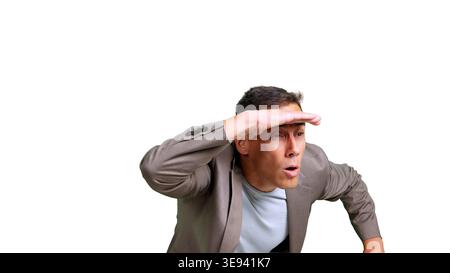 Ein Mann, der in einen transparenten Hintergrund sucht Stockfoto