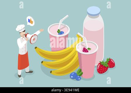 Isometrischer flacher Vektor 3D Illustration des gesunden süßen Desserts, das Einfrieren in der Eisform Stockfoto