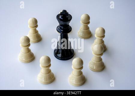 Eine Gruppe beigefarbener Schachfiguren, die um ein schwarzes Königsteil auf einer hellen Fläche angeordnet sind und ein symbolisches Konzept der Führung und Einheit schaffen Stockfoto