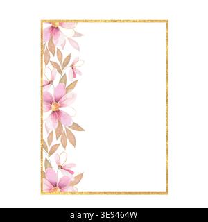 Goldener rechteckiger Rahmen mit rosafarbenen Blumen. Vertikaler Glitzerrand. Botanische Illustration. Handgezeichnete Ästhetik. Stockfoto