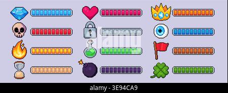 Pixel Art Spiel Bars, Herz für Gesundheit Score Fortschritt, Lebensenergie Zähler, Retro 8 Bit Zeit Anzeige, Cartoon Vektor Gauge Symbole. hud-Schnittstelle für klassische Videospiele und Anzeige der Arcade-Power-Tracking-Funktion Stock Vektor