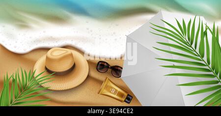 Sandstrand Banner mit Sonnenschutzflasche, Sonnenbrille, Strohhut und Schirm, Palmblätter am Sommermeer, 3D realistischer Vektor Hintergrund, Blick von oben. Tropische Produktpräsentation für Kosmetikwerbung Stock Vektor