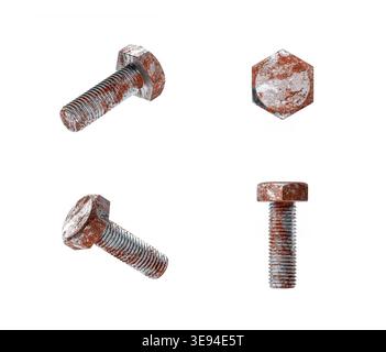 Eine Sammlung rostiger Sechskantschrauben aus mehreren Winkeln, die ihre verwitterte Textur und Form vor einem sauberen weißen Hintergrund zeigen. Stockfoto