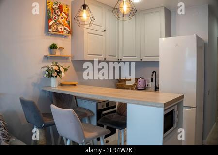 Moderne, kompakte Küche in einem Studio-Apartment mit Holztheke, weißen Schränken und warmer Pendelbeleuchtung für eine gemütliche und stilvolle Atmosphäre Stockfoto