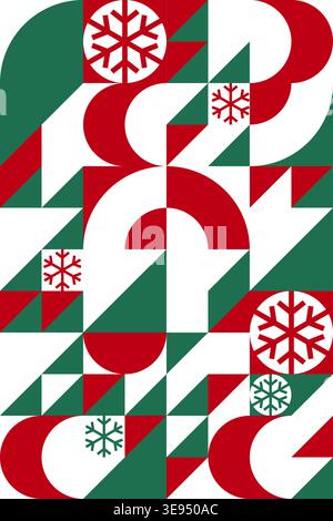 Ein festliches abstraktes Poster im Bauhaus-Stil mit roten, weißen und grünen geometrischen Formen und Schneeflocken Stock Vektor