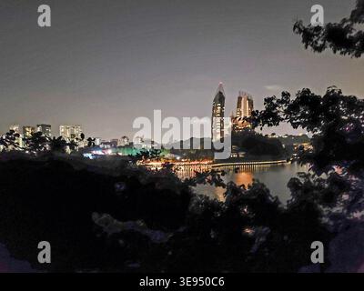 Nächtlicher Blick auf die Skyline der Stadt im ruhigen Wasser. Silhouetten umrahmen die Szene von vorne. Hohe Gebäude leuchten sanft vor dunklem Himmel. Wa Stockfoto
