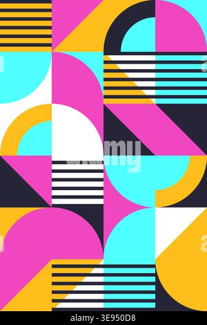 Lebendiges Bauhaus-Poster mit Halbkreisen, Streifen und Neon-Farbpalette Vektor-Illustration Stock Vektor