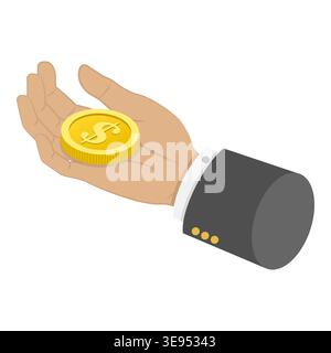 Isometrische 3D-Illustration von Händen, die Geld in verschiedenen Formen halten, Münzen, Banknoten und Bargeld. Punkt 4 Stockfoto