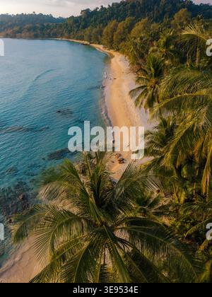 Erleben Sie die natürliche Schönheit des Takhian Beach auf Koh Kood, Thailand. Weicher weißer Sand trifft auf leuchtendes türkisfarbenes Wasser, umgeben von tropischen Palmen und ruhigen Landschaften, ideal für einen ruhigen Kurzurlaub. Stockfoto