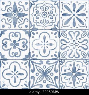 Nahtloses Aquarellmuster aus blauen Keramikfliesen mit ornamentalen Motiven und Symmetrie. Dekorativer mediterraner Hintergrund für Innenarchitektur, Wand- und Bodendekoration, Textil, Verpackung und Oberfläche. Stockfoto