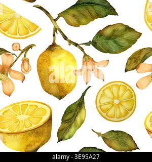 Zitronen, Blumen und Blätter. Aquarellillustration mit nahtlosem Muster, isoliert auf weißem Hintergrund Stockfoto