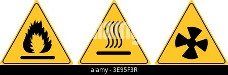 Set mit Symbolen für Feuer- und Strahlengefahren – gelbe Warnschilder, Gefahrensymbole Stock Vektor