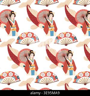 Japanische Illustration mit einer Frau im traditionellen Kimono, die einen roten Sonnenschirm neben dekorativen Ventilatoren und einem stilisierten Fischmuster auf einem weißen Stock Vektor
