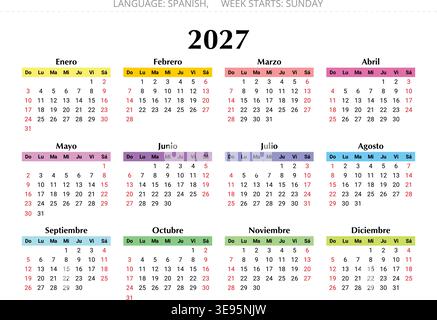 Moderner spanischer Jahreskalender 2027 für Spanien mit mehrfarbigen Monatsüberschriften und strukturiertem Vektorlayout ab sonntag
 Stock Vektor