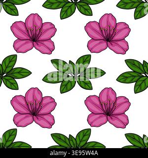 Nahtloses Vektormuster von leuchtenden rosa Rhododendronblüten und üppigen grünen Blättern auf einem sauberen weißen Hintergrund. Stock Vektor
