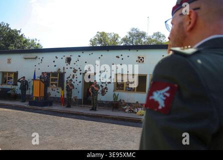 Kigali, Ruanda - 8. April 2019. Belgier gedenken an zehn belgische Soldaten, die am 6. April 1994, kurz vor dem Völkermord, im Camp Kigali in Ruanda getötet wurden. Stockfoto