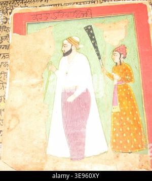 Dieses Miniaturgemälde, das Guru Har Rai mit Guru Har Krishan als seinen Begleiter mit dem Fliegenbesen darstellt, ist eine Illustration in der Kartarpur Bir-Manuskript. Sie wurde wahrscheinlich in der zweiten Hälfte des 17. Jahrhunderts oder Anfang des 18. Jahrhunderts erstellt und ist Teil der historischen Aufzeichnungen innerhalb des Guru Granth Sahib, der zentralen Schrift des Sikhismus. Stockfoto