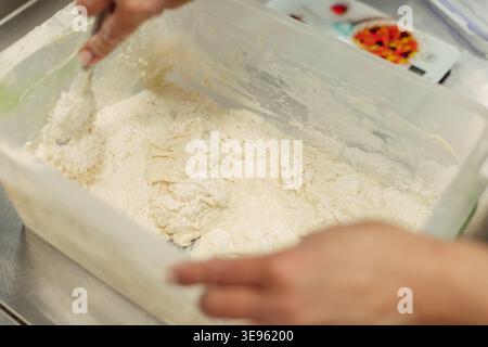Nahaufnahme des fermentierten Teigs in der Schüssel Weißmehl Gärungshefe gesäuertes Brot Backen Biga poolish Bäckerei Stockfoto