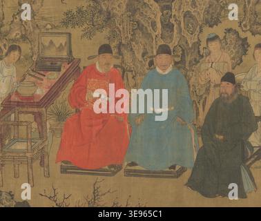 * Elegant Gathering in the Apricot Garden* (1437) von Xie Huan stellt eine frühe Ming-Dynastie-Versammlung von Mandarinen dar. Das Gemälde spiegelt die raffinierte Kultur des frühen 15. Jahrhunderts wider. Stockfoto