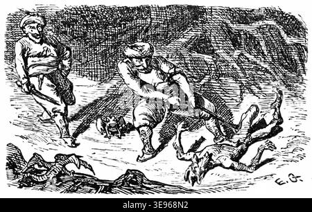 Ernest Henri Griset (1837–1907), ein französischer Illustrator, ist berühmt für seine Arbeit in der Ausgabe von *Vikram und der Vampir* aus dem Jahr 1870. Dieses Archivbild, das auf Seite 236 gefunden wurde, stammt aus der ersten Ausgabe und zeigt eine Schlüsselszene in einer der übernatürlichen Geschichten von König Vikramaditya. Stockfoto