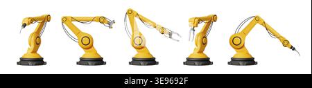 3D-Roboterarm. Maschinenfabrikindustrie. Mechaniker für die automatisierte Fertigung oder hydraulische Kranindustriewerkzeuge. Ausrüstung der Produktionsanlage Manipulator für Förderer. Vektor-isolierter Satz Stock Vektor